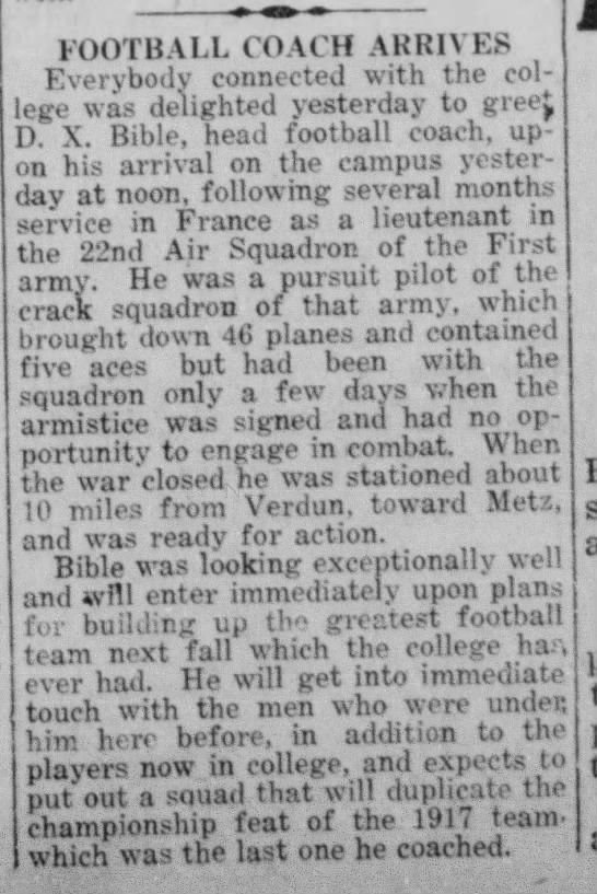 D.X. Bible returns as coach The Eagle April 15, 1919.jfif